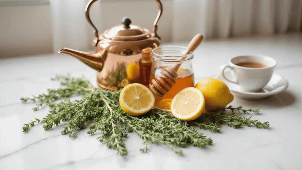 "Fresh thyme, honey, lemons, steaming tea in a copper kettle on a marble countertop in morning light"