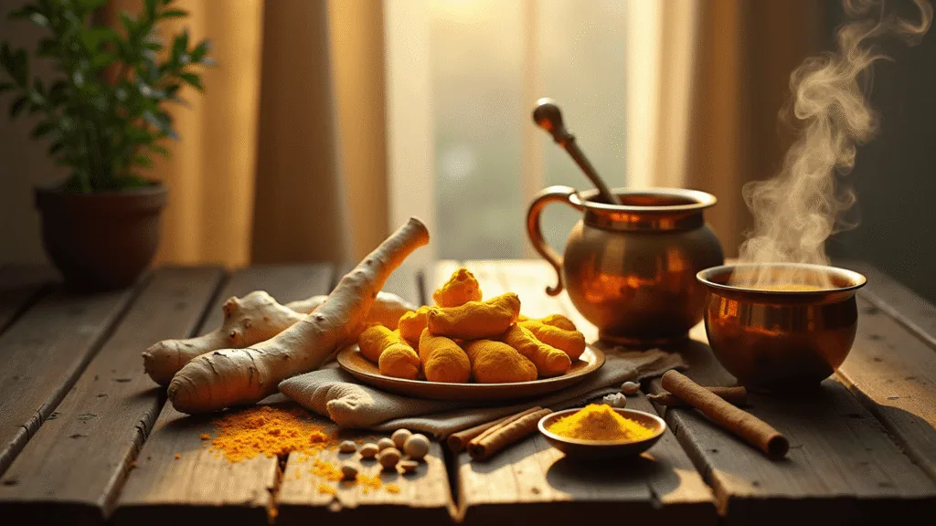 "Traditional South Asian healing spices like turmeric, ginger, cardamom and cinnamon with honey on a rustic wooden table in golden sunlight"