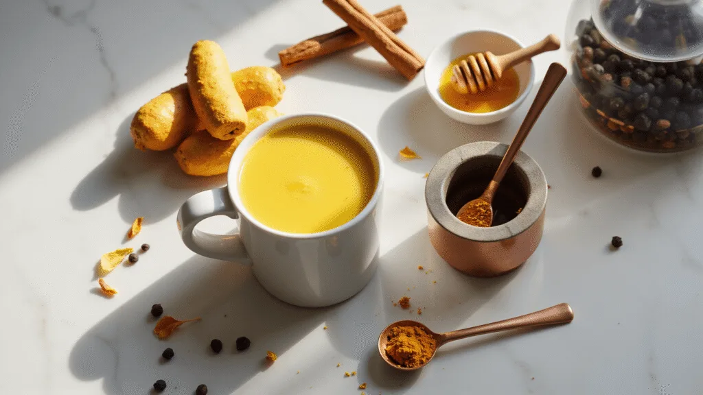 "Steaming cup of golden milk with fresh turmeric, black peppercorns, cinnamon sticks, and honey on a marble counter illuminated by soft natural light"