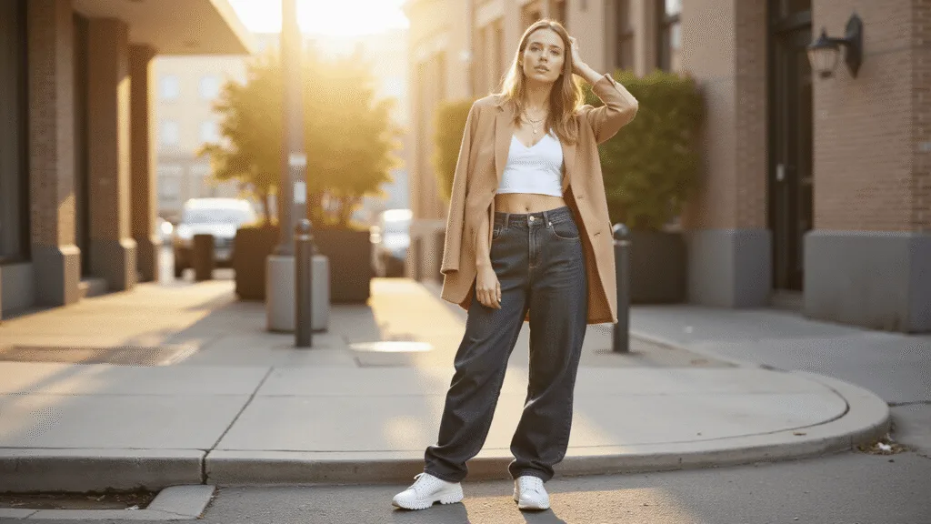 "Young woman wearing baggy jeans and oversized blazer during golden hour on urban street"
