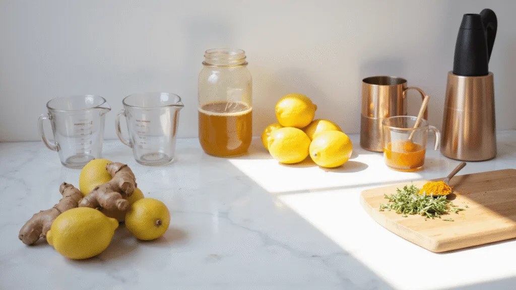 "Sunlit modern kitchen counter setup with immune-boosting ingredients like ginger, turmeric, lemons, raw honey, fresh herbs, and copper tea accessories"