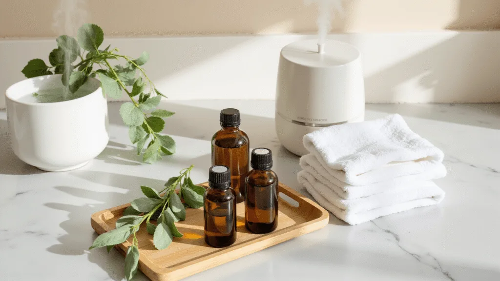 "Natural sinus remedies on a bathroom counter including steaming bowl, eucalyptus branches, essential oils, towels, and a humidifier"