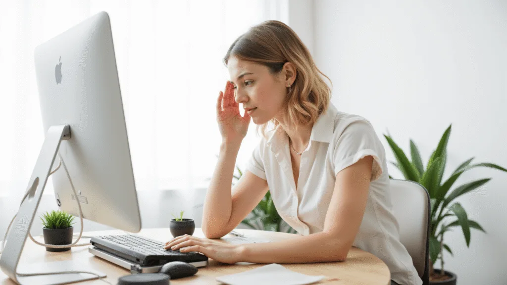 "Woman facepalming at her ergonomic desk in a cozy home office with a green smoothie and an indoor plant, illuminated by morning light through a window."