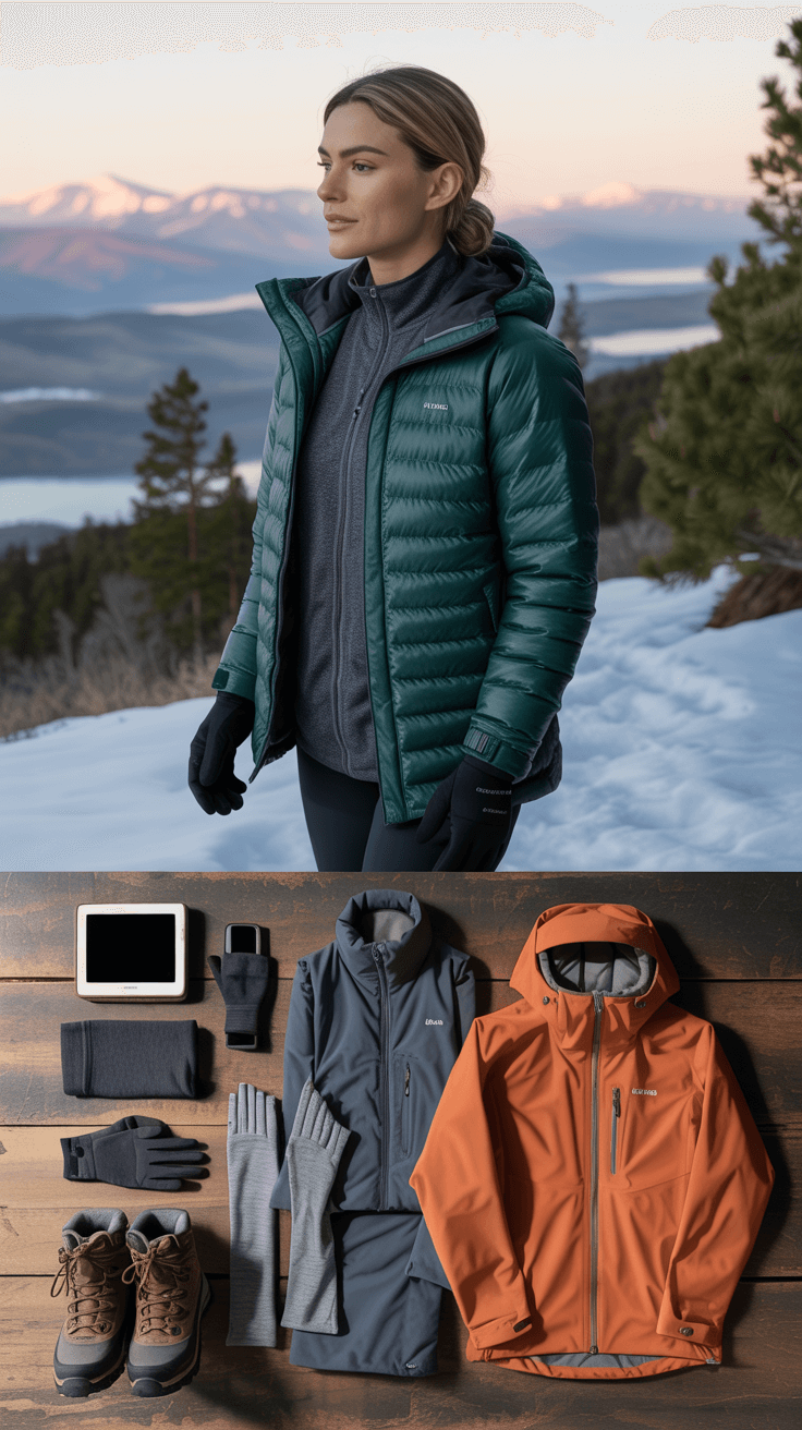 Confident female hiker in layered winter gear adjusting backpack in sunlit industrial entryway, hiking boots and wool accessories nearby.