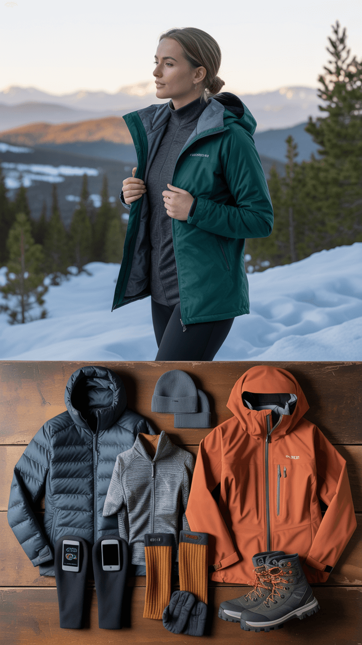Female hiker in motion on snowy mountain trail wearing bright orange jacket, forest green mid-layer, and charcoal base layer, with dramatic peaks and warm afternoon light in background.