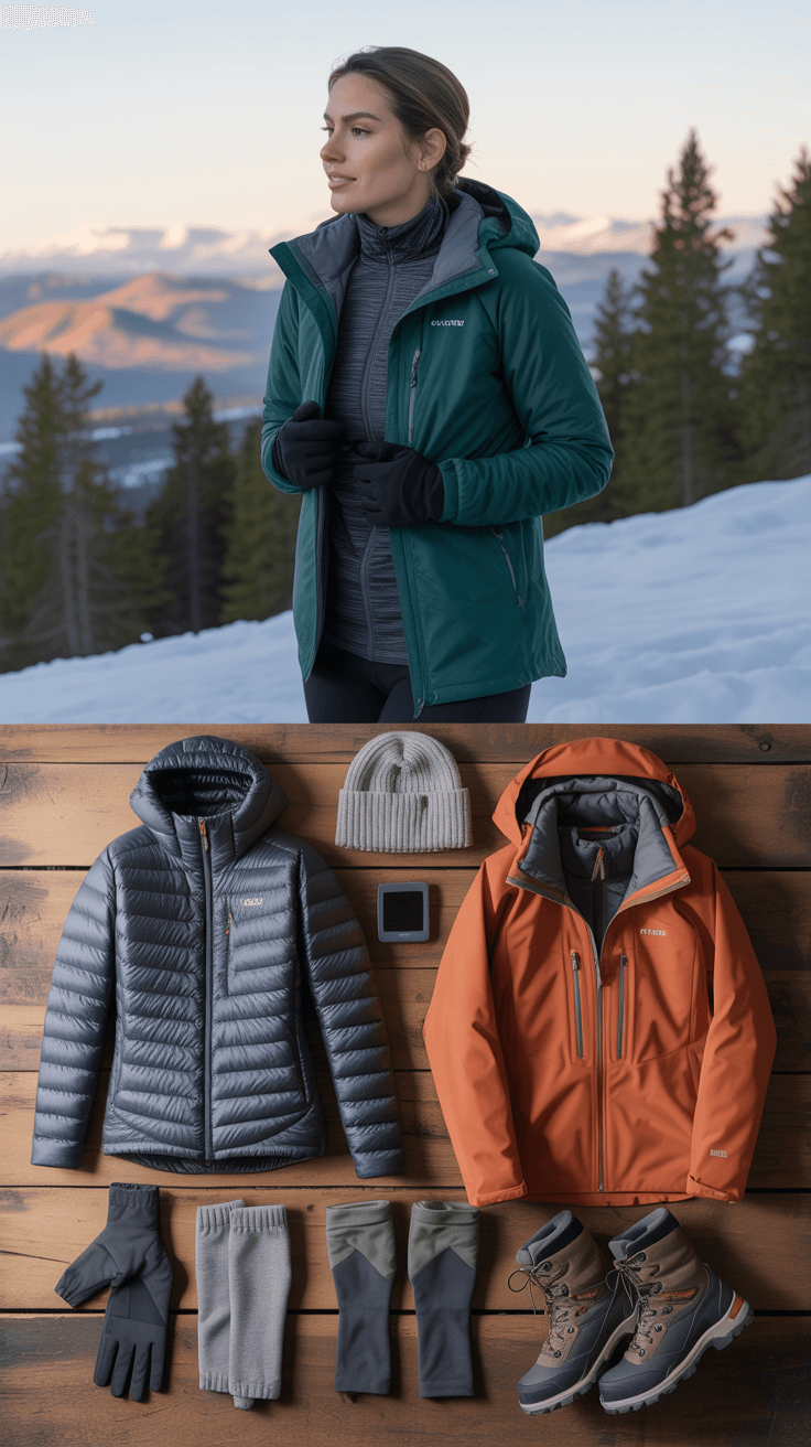 Flatlay of winter hiking gear with base layer, fleece mid-layer, olive waterproof shell, gloves, beanie, socks, and boots in soft natural light.