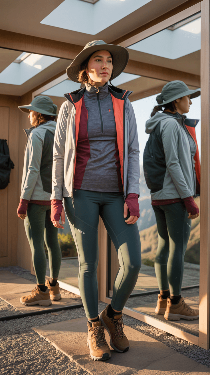 Female hiker on sunlit mountain trail wearing layered performance outfit with coral jacket, green leggings, and wide-brimmed hat, backdropped by golden hour mountains.