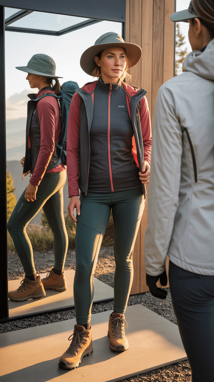 Female hiker on misty morning trail adjusting khaki hiking pants and burnt orange windbreaker, with olive top, tactical gray daypack, and fog highlighting technical gear, photographed from behind mid-turn.
