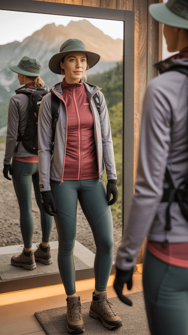 Overhead view of a cozy cabin interior with warm light, featuring a female hiker organizing winter gear including thermal layers, down vest, fleece-lined leggings, and waterproof pants on a wooden floor.