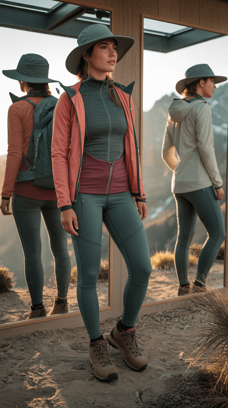 Hiker on rocky mountaintop during blue hour wearing advanced gear: slate gray stretch pants, electric blue moisture-wicking top, and brushed nickel insulated jacket; technical features like articulated knees and reinforced points highlighted.