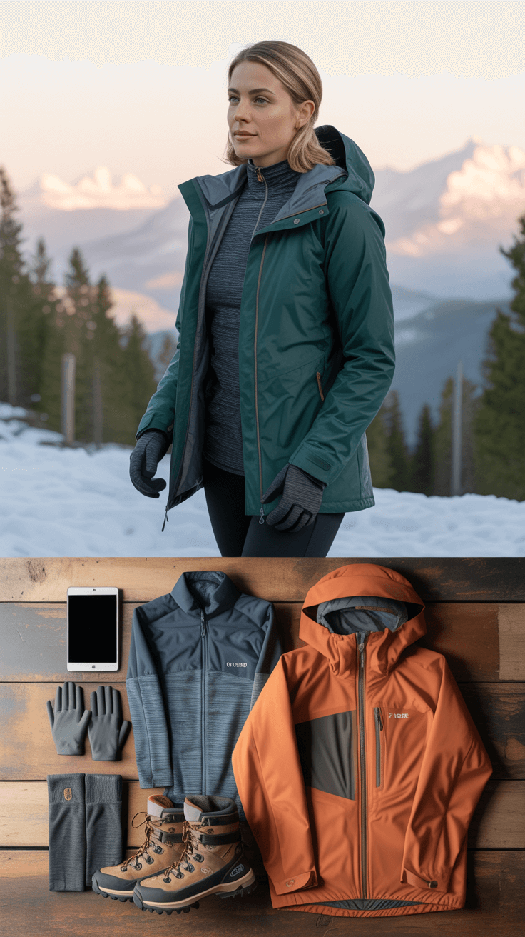 Female hiker in green insulated jacket and gray thermal base layer stands on snowy mountain trail at golden hour, surrounded by pine trees and distant snow-capped peaks.