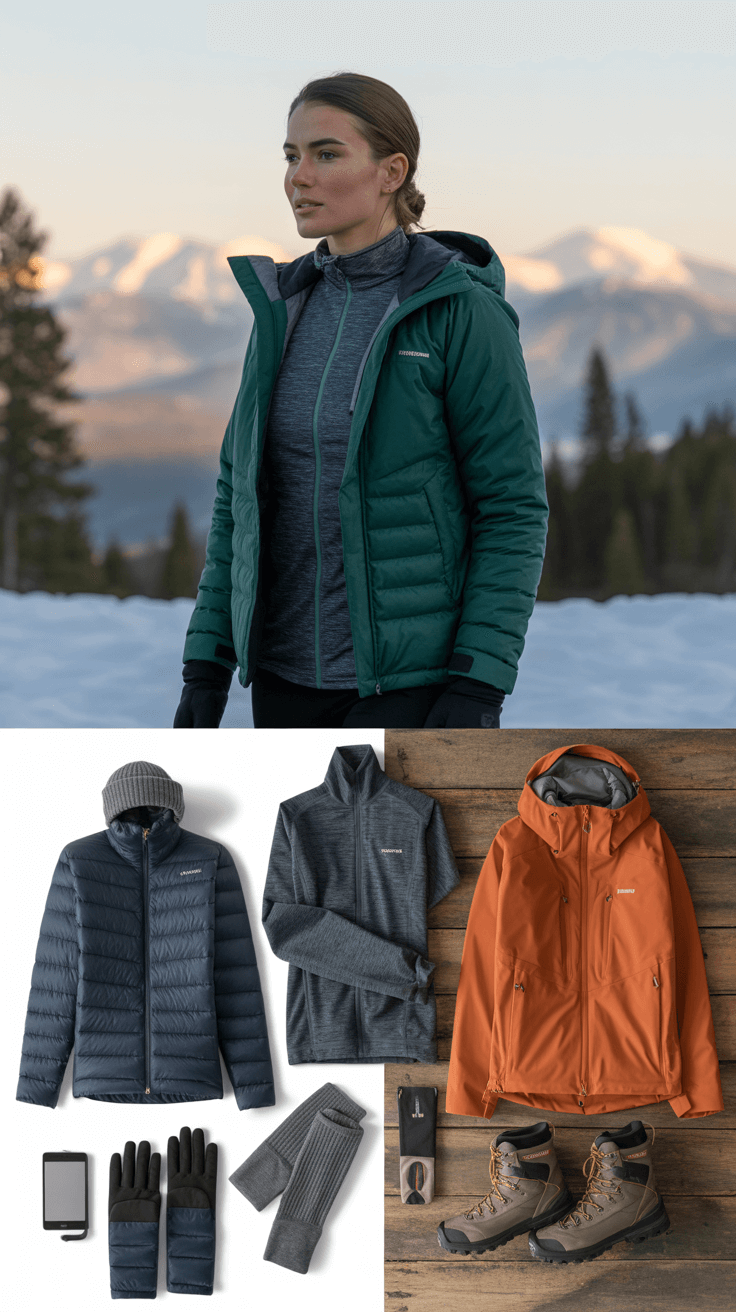 Flatlay of winter hiking outfit with navy merino base layer, gray fleece mid-layer, rust orange Gore-Tex shell, gloves, beanie, socks, and waterproof hiking boots on rustic wood surface.
