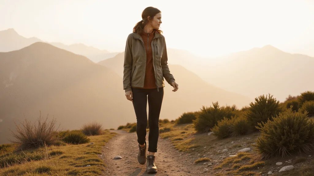 "Female hiker wearing layered technical apparel during golden hour on a misty mountain trail"