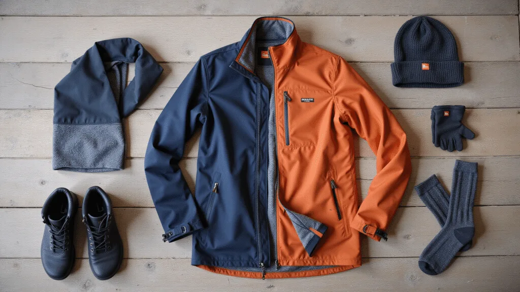 "Flatlay of winter hiking outfit with merino wool base layer, fleece mid-layer, Gore-Tex jacket, waterproof boots, wool beanie, technical gloves and thermal socks on rustic wooden surface"